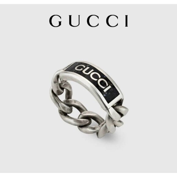 New Gucci Logo Chain Ring Silver Black Enamel Sz 21 IT 9.5 US - Picture 2 of 11